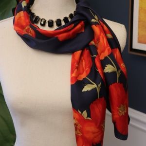 Oscar de la Renta Floral Silk Scarf Red Navy